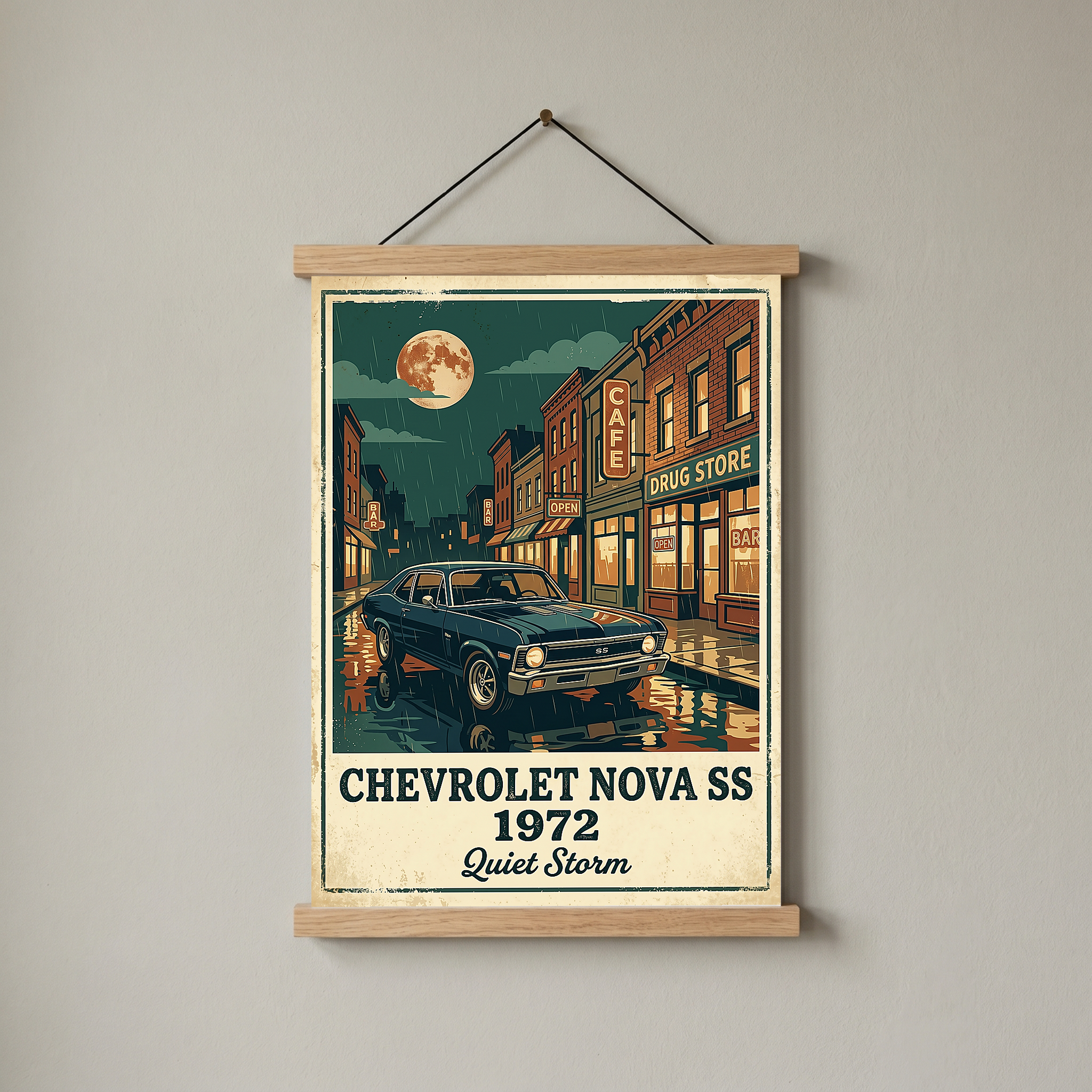 Chevrolet Nova SS 1972 Poster — Vintage Muscle Car Rainy Night Street Print