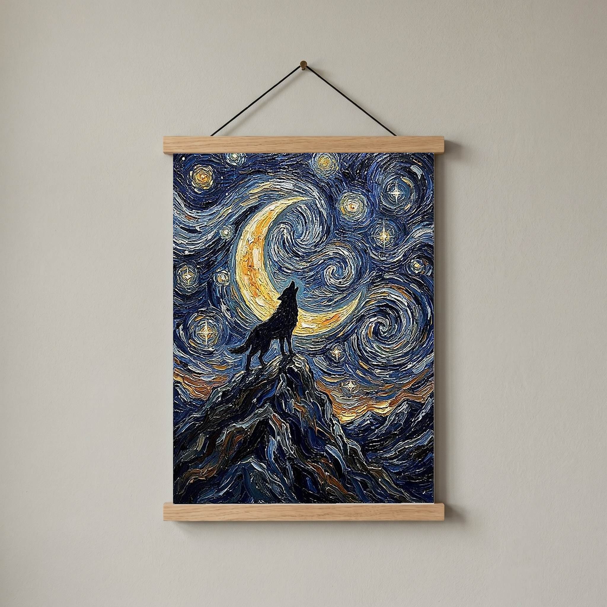 Black Wolf Howling Crescent Moon Print — Van Gogh-Style Mountain Wall Art