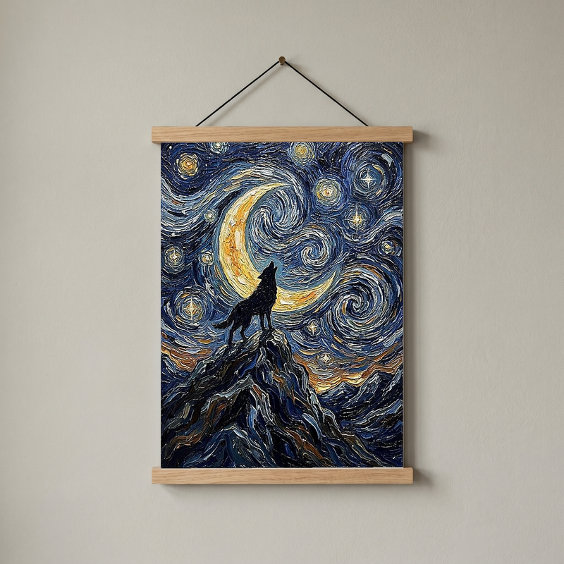 Black Wolf Howling Crescent Moon Print — Van Gogh-Style Mountain Wall Art