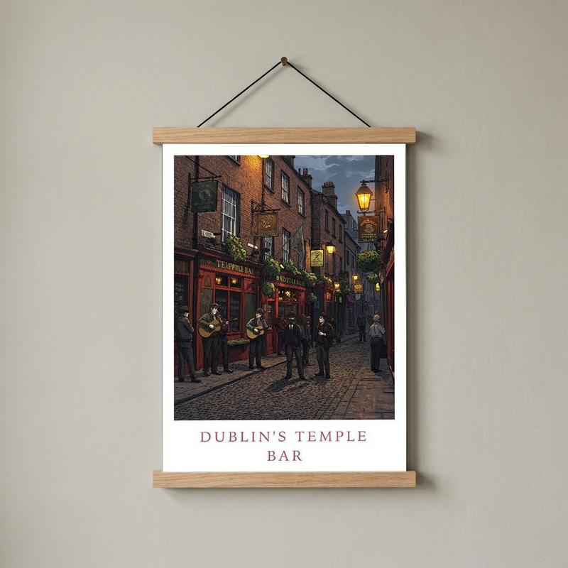 Dublin Ireland Travel Poster — Temple Bar Irish Pub Buskers Night Print
