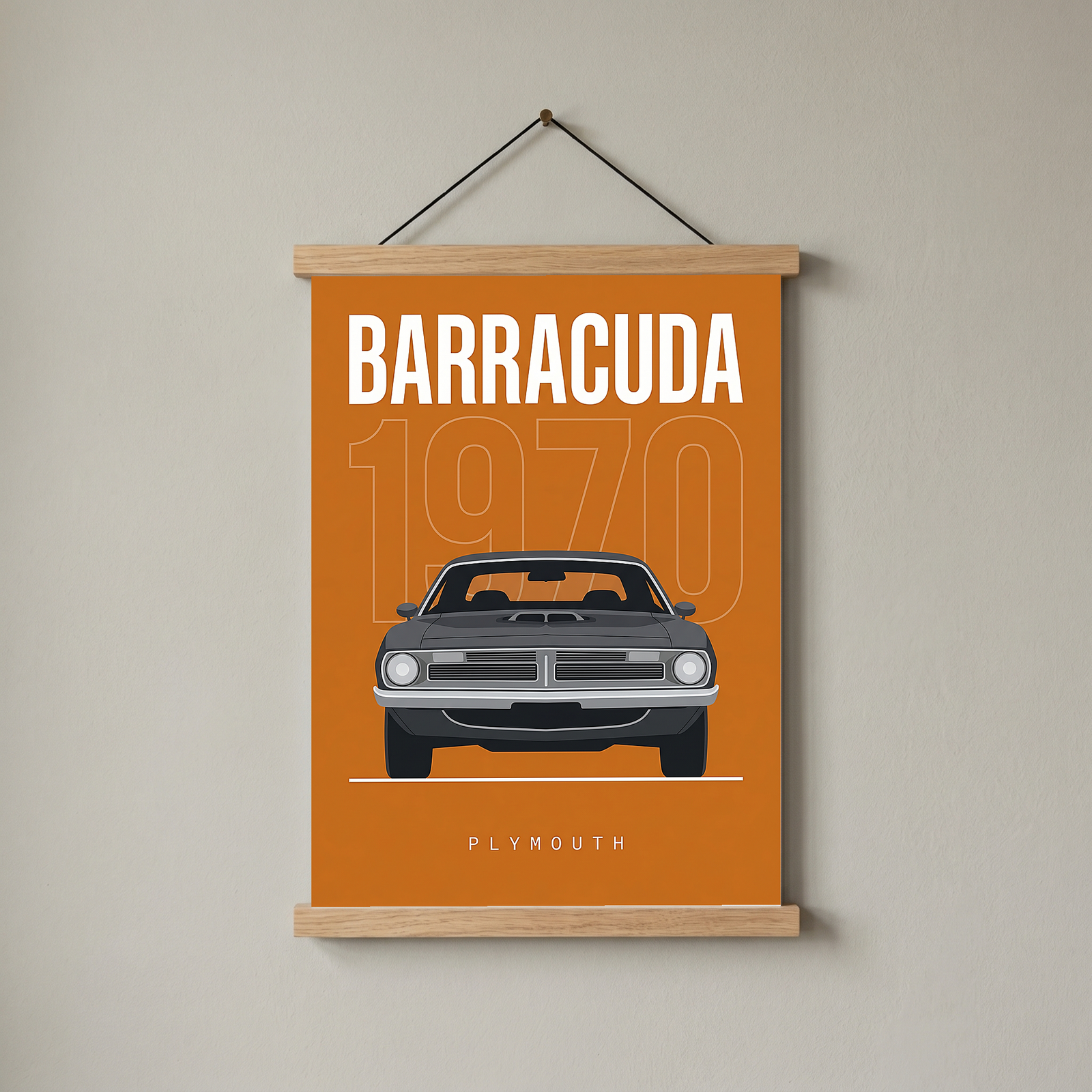 Plymouth Barracuda 1970 Minimalist Poster — Orange Muscle Car Line Art
