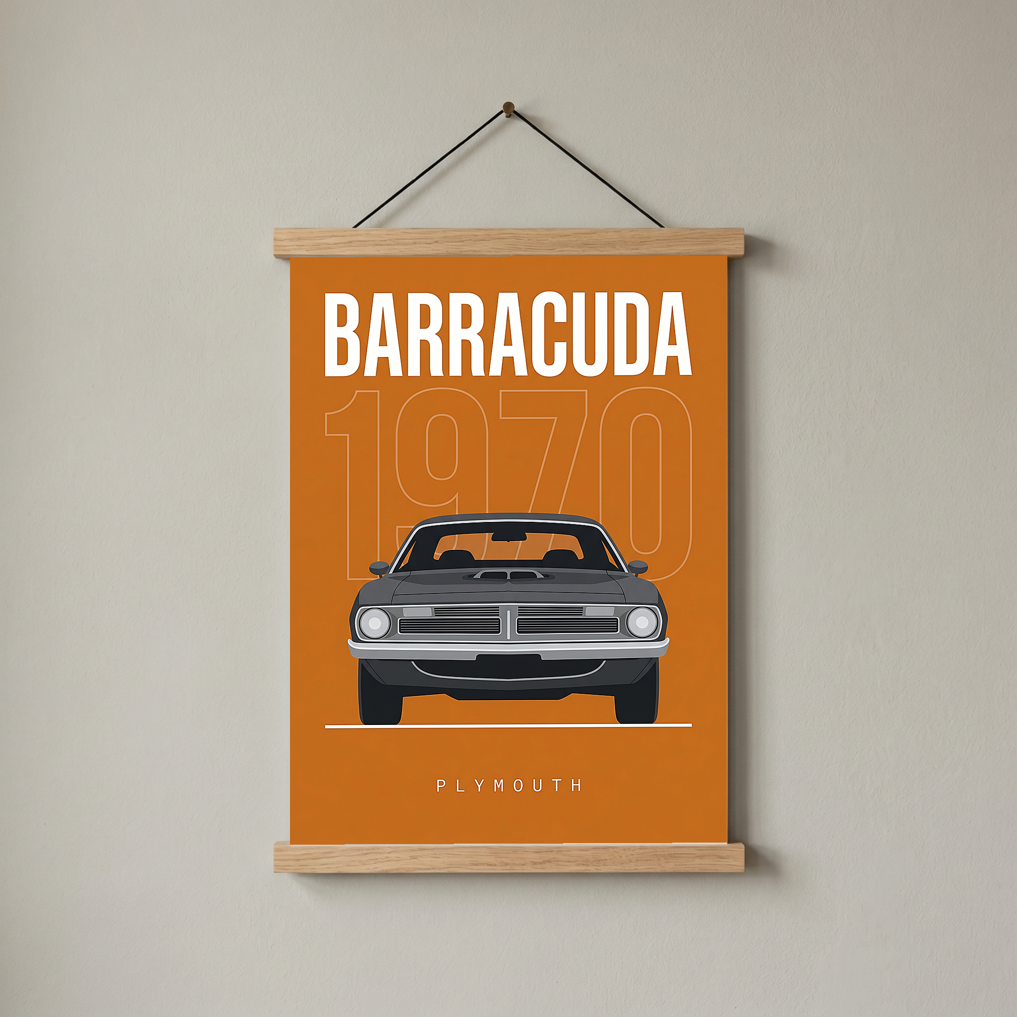 Plymouth Barracuda 1970 Minimalist Poster — Orange Muscle Car Line Art