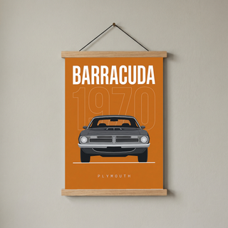 Plymouth Barracuda 1970 Minimalist Poster — Orange Muscle Car Line Art