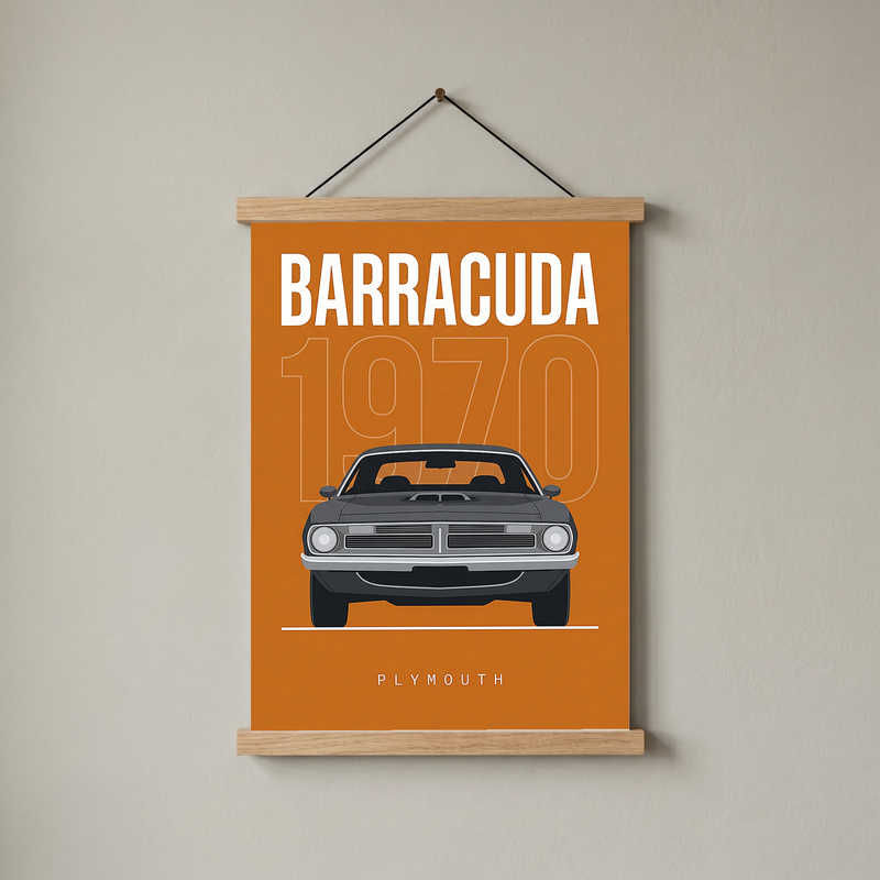 Plymouth Barracuda 1970 Minimalist Poster — Orange Muscle Car Line Art