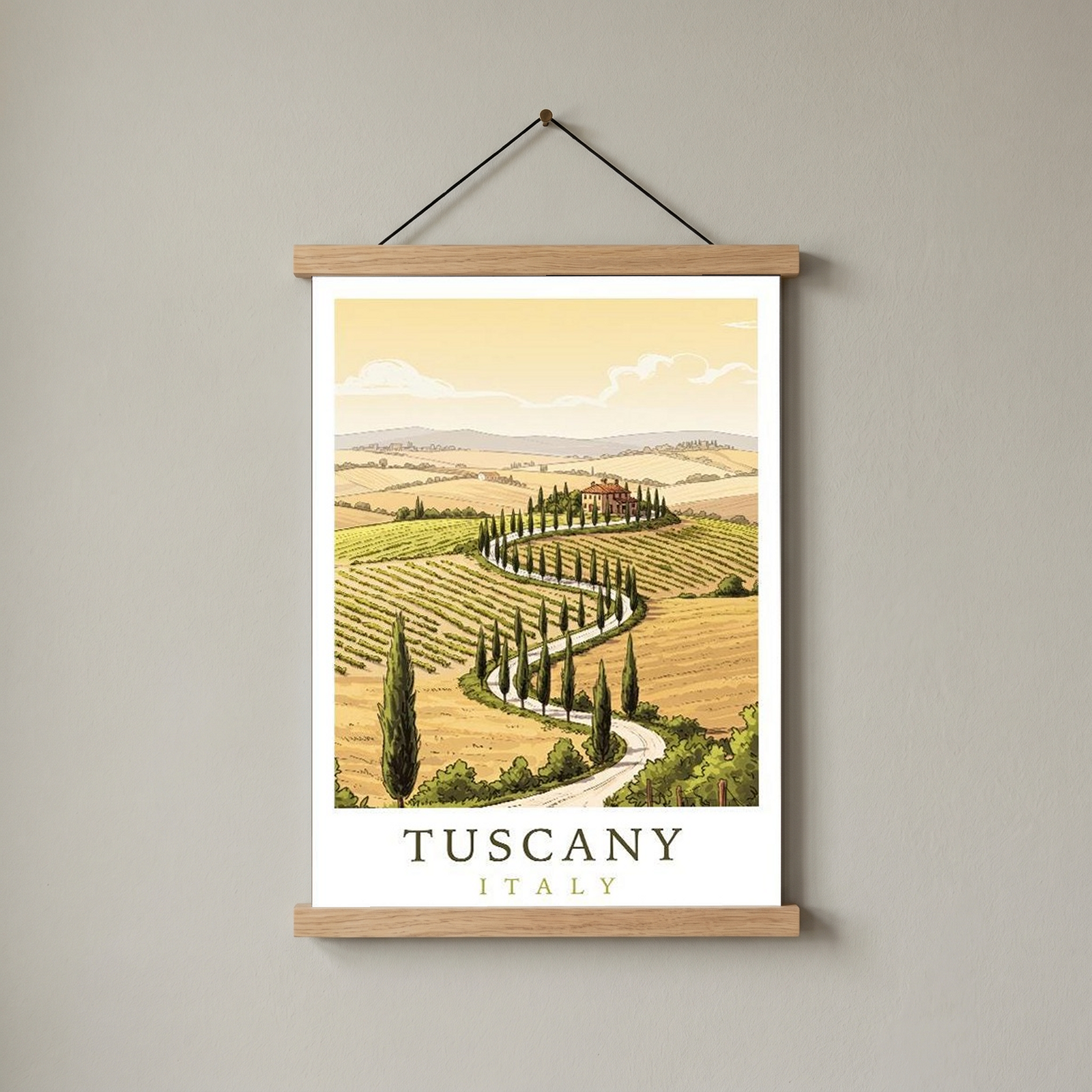 Tuscany Italy Travel Poster — Rolling Hills Cypress Vineyards Print