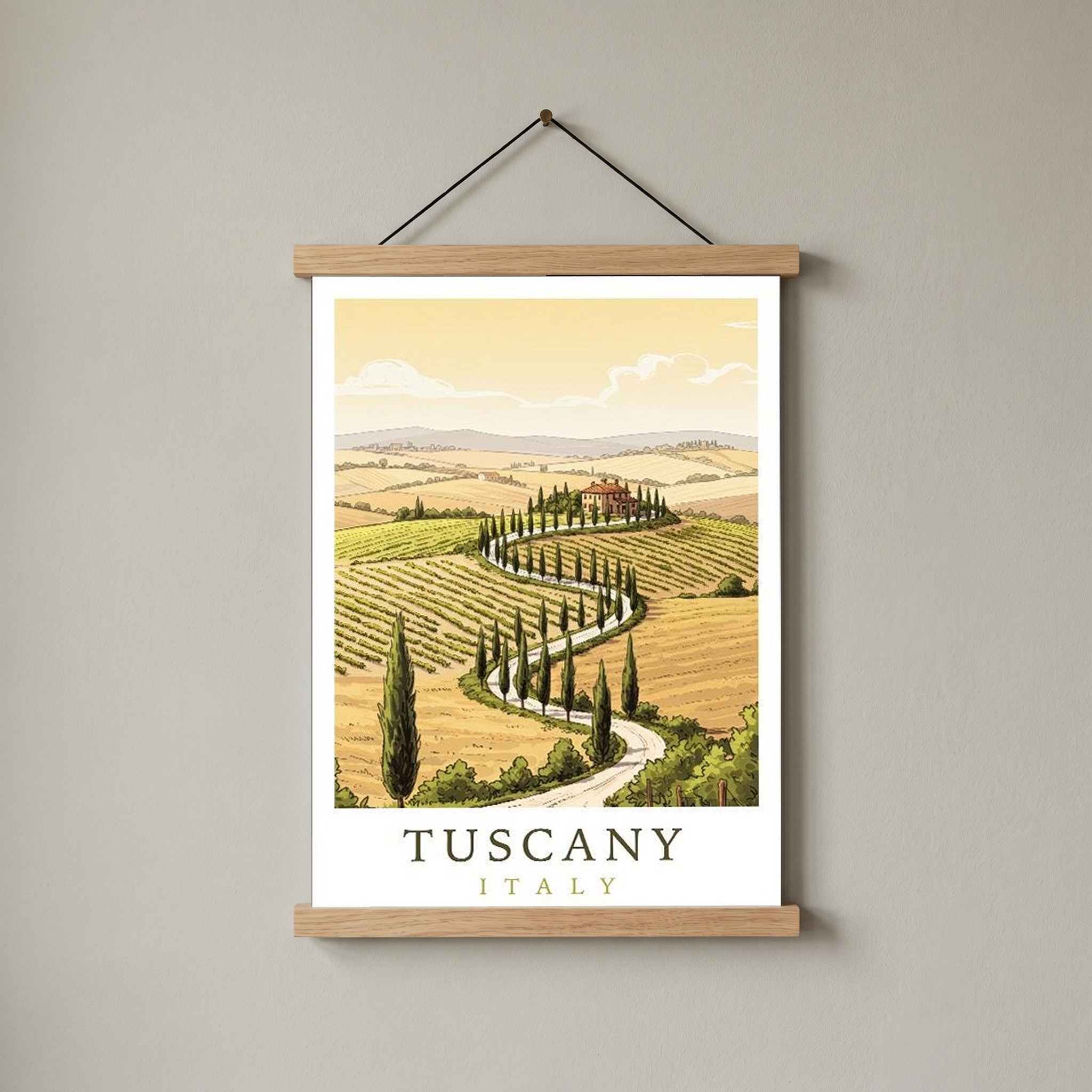 Tuscany Italy Travel Poster — Rolling Hills Cypress Vineyards Print