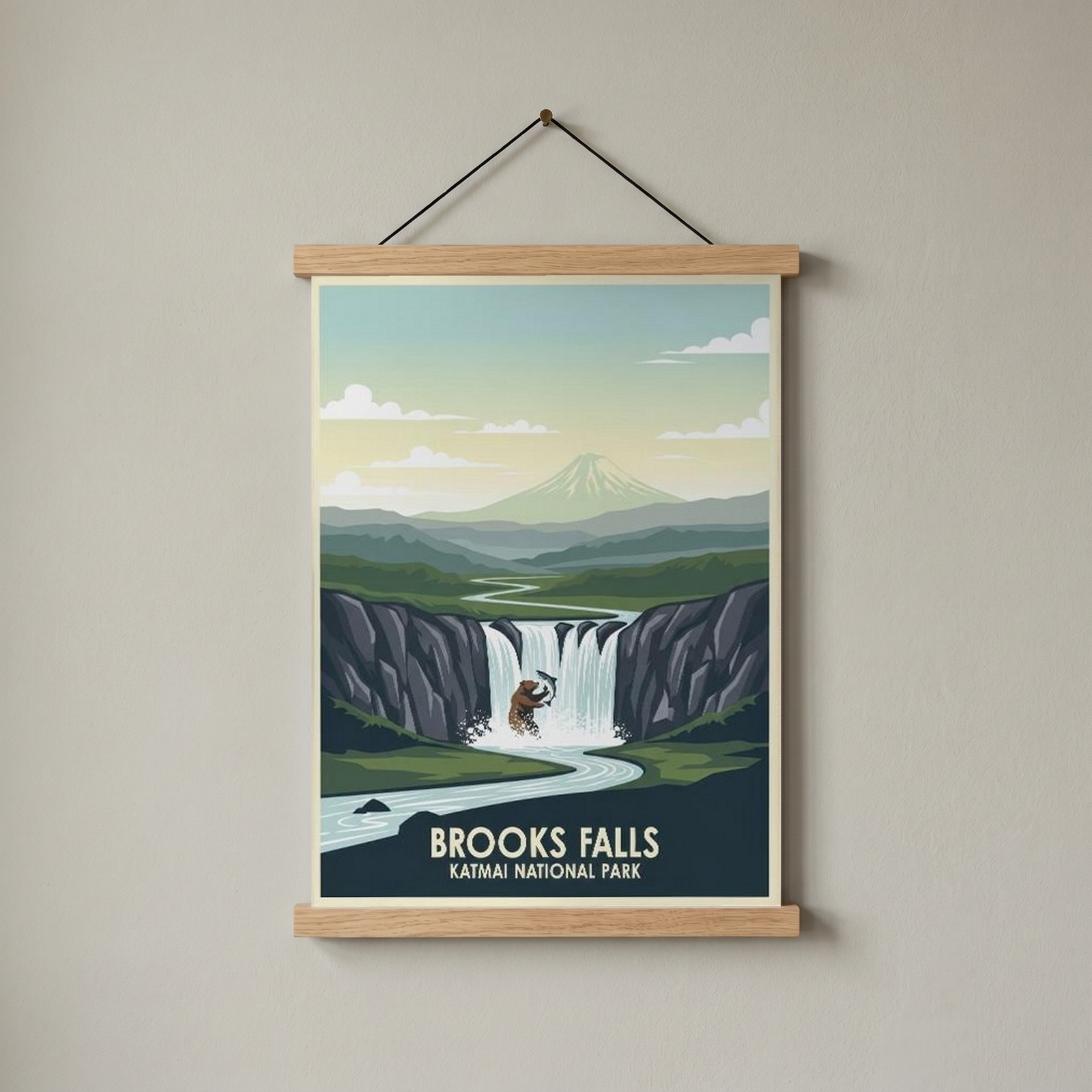 Katmai National Park Poster — Vintage Alaska Brooks Falls Brown Bear Salmon Print