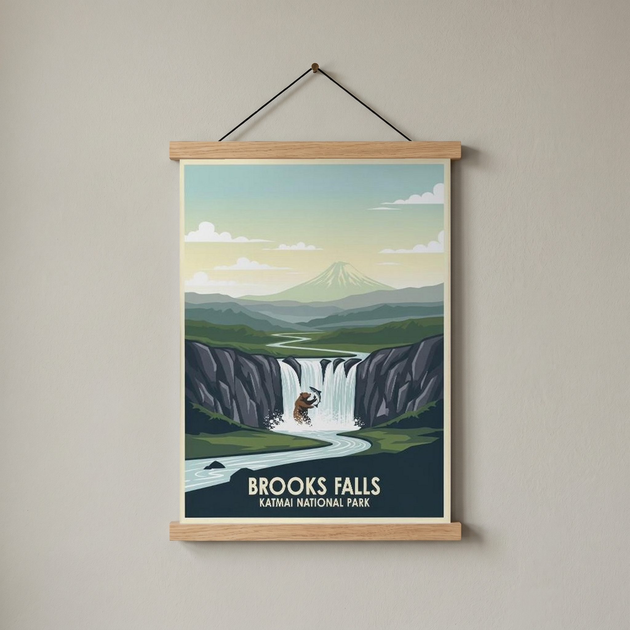 Katmai National Park Poster — Vintage Alaska Brooks Falls Brown Bear Salmon Print