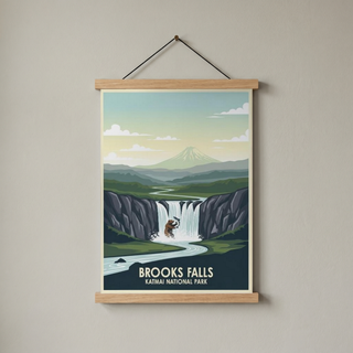 Katmai National Park Poster — Vintage Alaska Brooks Falls Brown Bear Salmon Print
