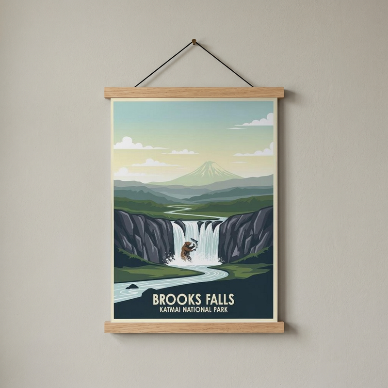 Katmai National Park Poster — Vintage Alaska Brooks Falls Brown Bear Salmon Print