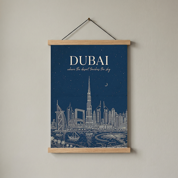 Dubai Line Art Print — Navy Burj Khalifa Skyline Wall Art