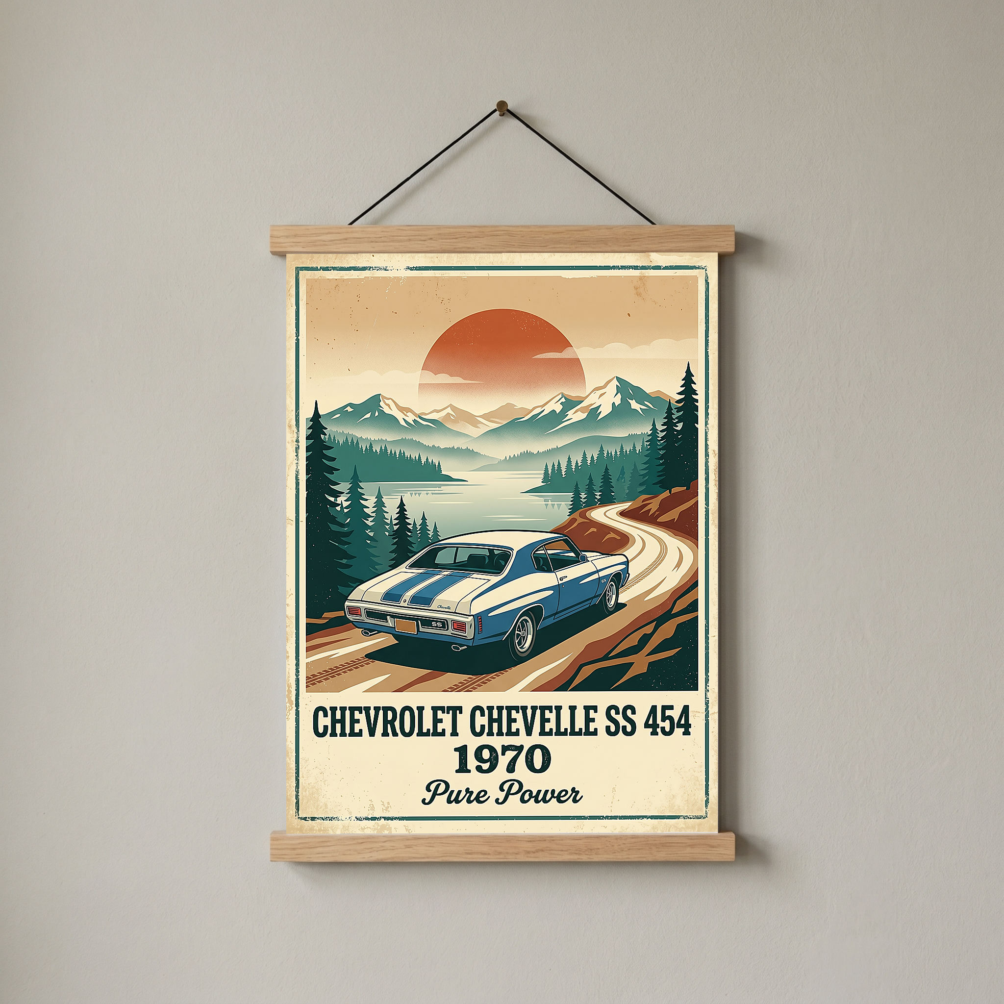 Chevrolet Chevelle SS 454 1970 Sky Blue Poster — Vintage Muscle Car Mountain Lake Print