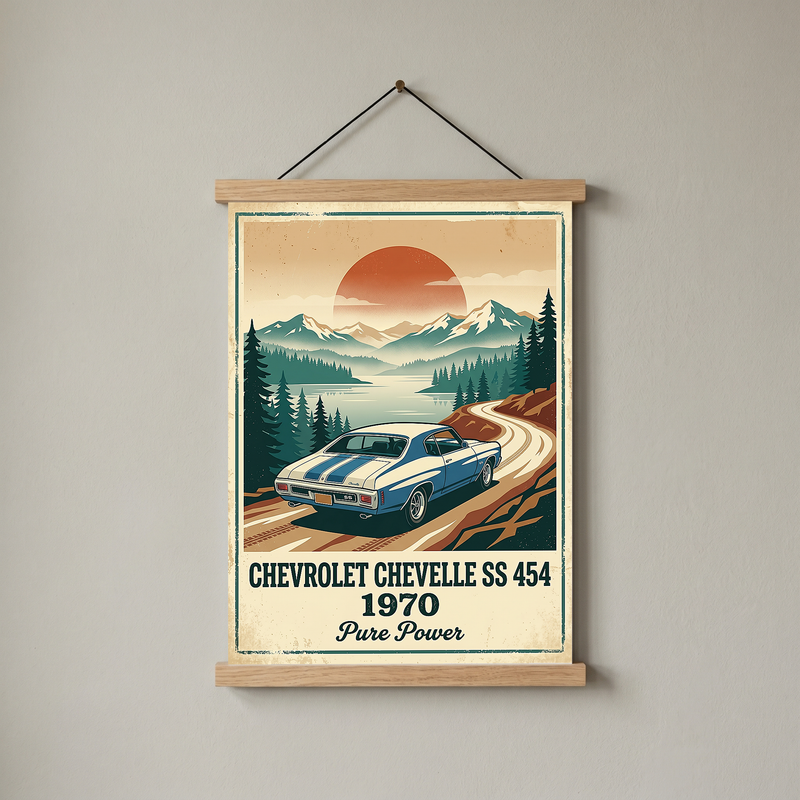 Chevrolet Chevelle SS 454 1970 Sky Blue Poster — Vintage Muscle Car Mountain Lake Print