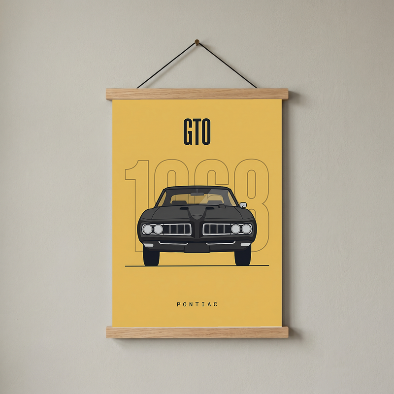 Pontiac GTO 1968 Minimalist Poster — Golden Yellow Muscle Car Line Art