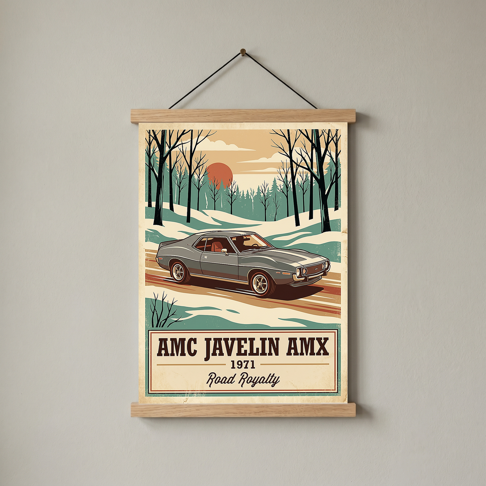 AMC Javelin AMX 1971 V2 Poster — Vintage Muscle Winter Snow Birch Forest Print