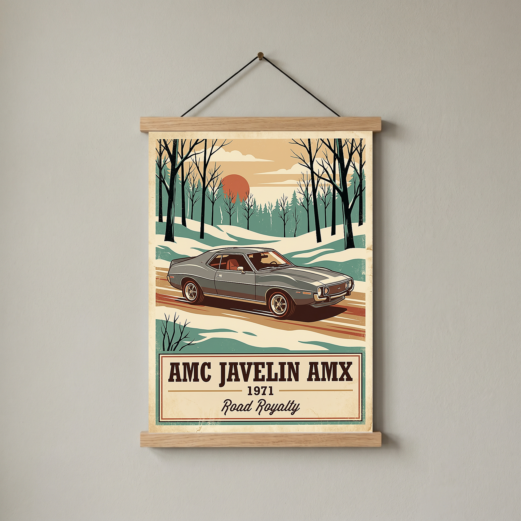 AMC Javelin AMX 1971 V2 Poster — Vintage Muscle Winter Snow Birch Forest Print