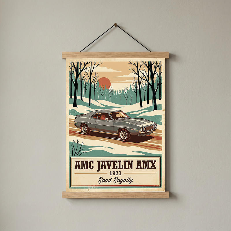AMC Javelin AMX 1971 V2 Poster — Vintage Muscle Winter Snow Birch Forest Print