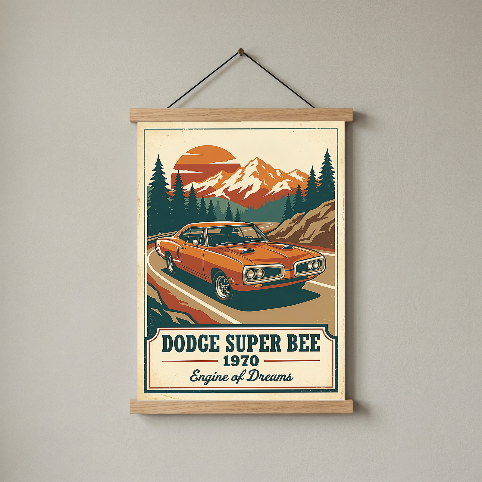 Dodge Super Bee 1970 V2 Poster — Vintage Muscle Mountain Pine Sunset Print