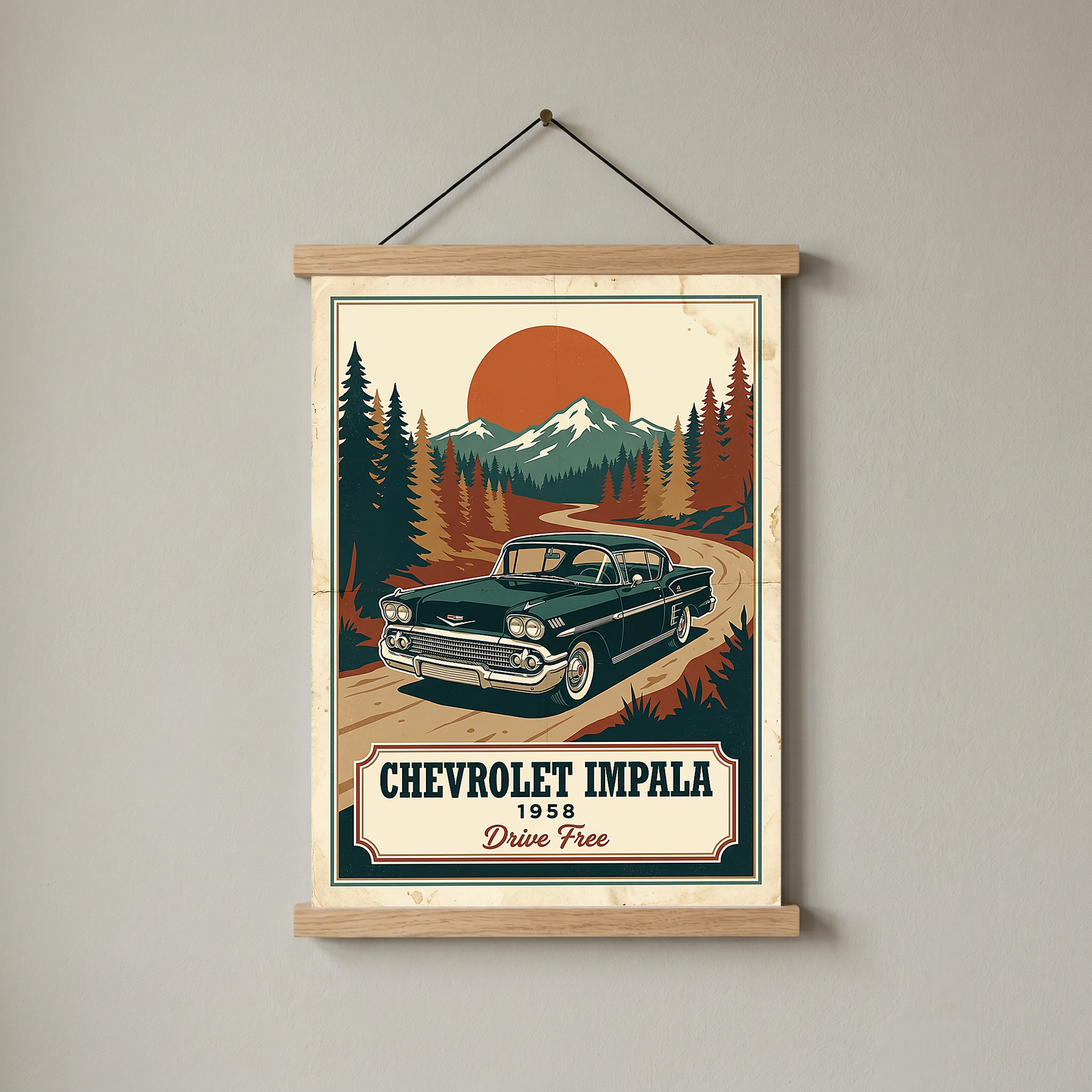 Chevrolet Impala 1958 Poster — Vintage Muscle Mountain Pine Sunset Print