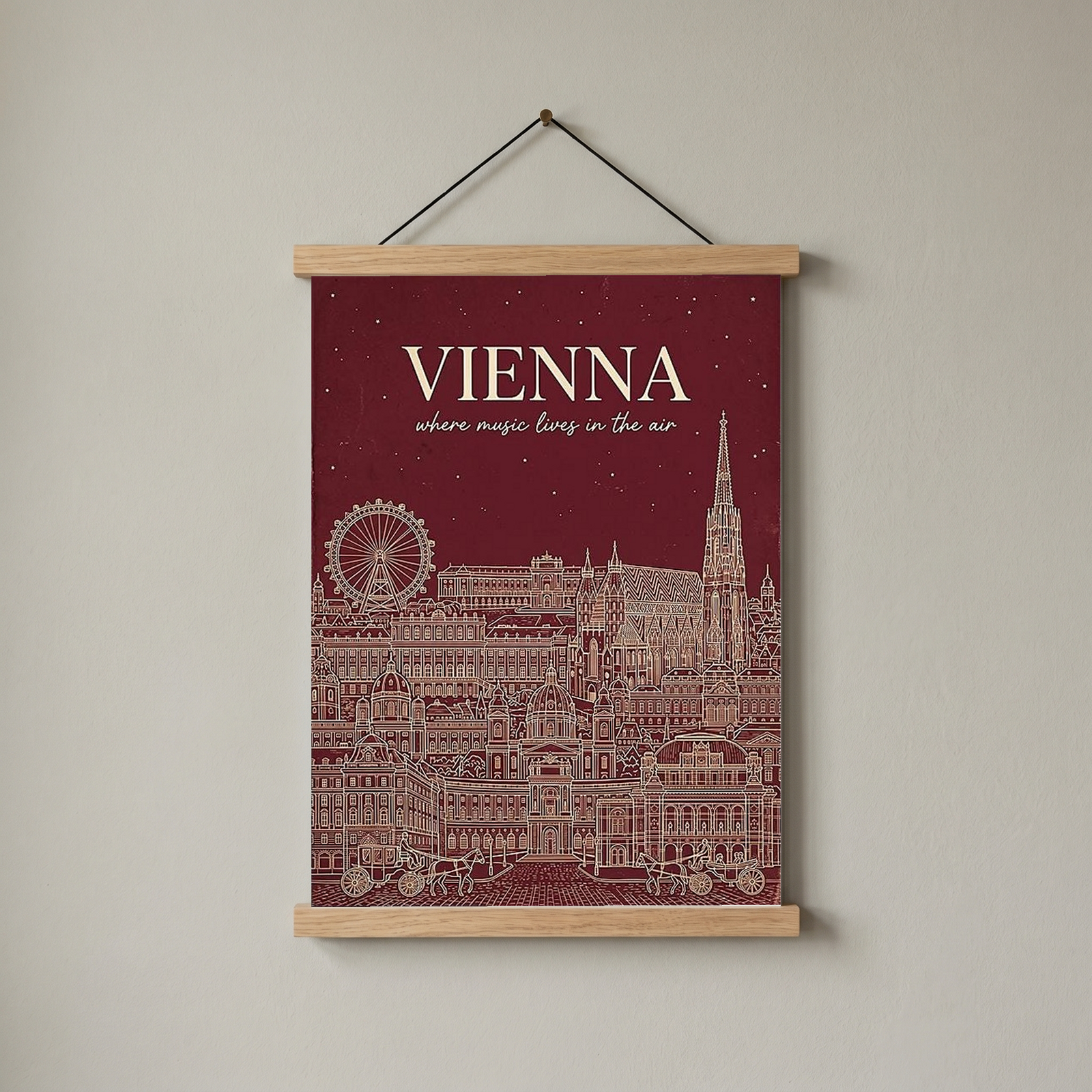 Vienna Line Art Print — Cherry Red St. Stephen's Cathedral Skyline Wall Art