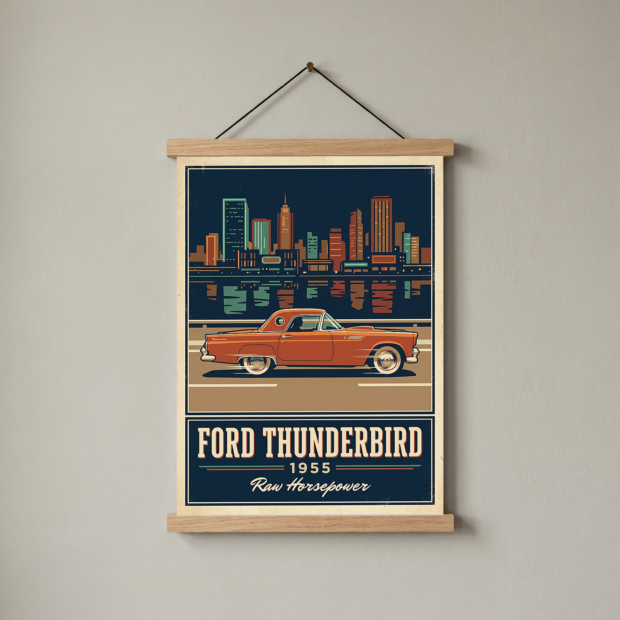 Ford Thunderbird 1955 Poster — Vintage Two-Seater Convertible City Skyline Print
