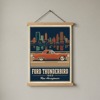 Ford Thunderbird 1955 Poster — Vintage Two-Seater Convertible City Skyline Print