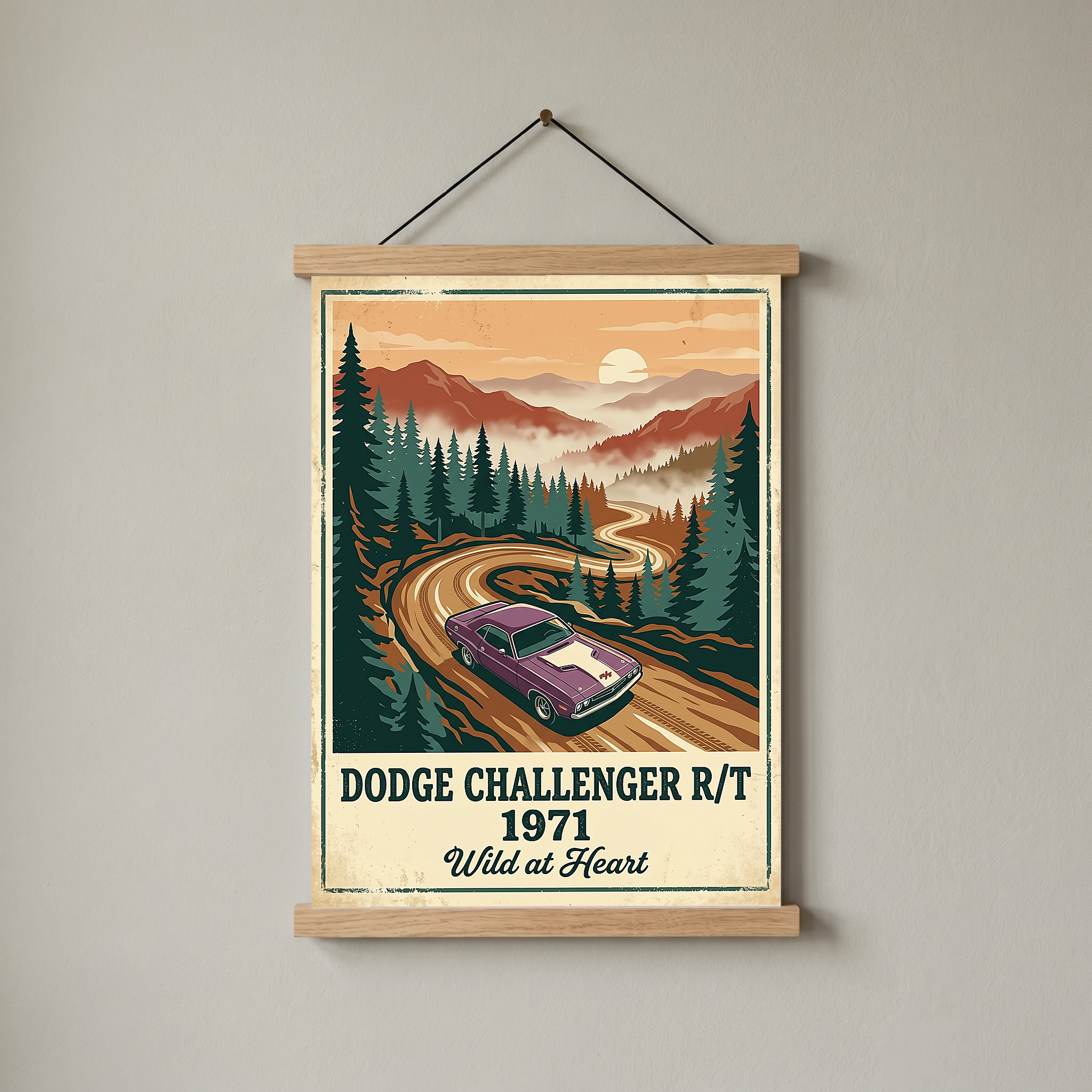 Dodge Challenger R/T 1971 V2 Poster — Vintage Muscle Misty Pine Mountain Print