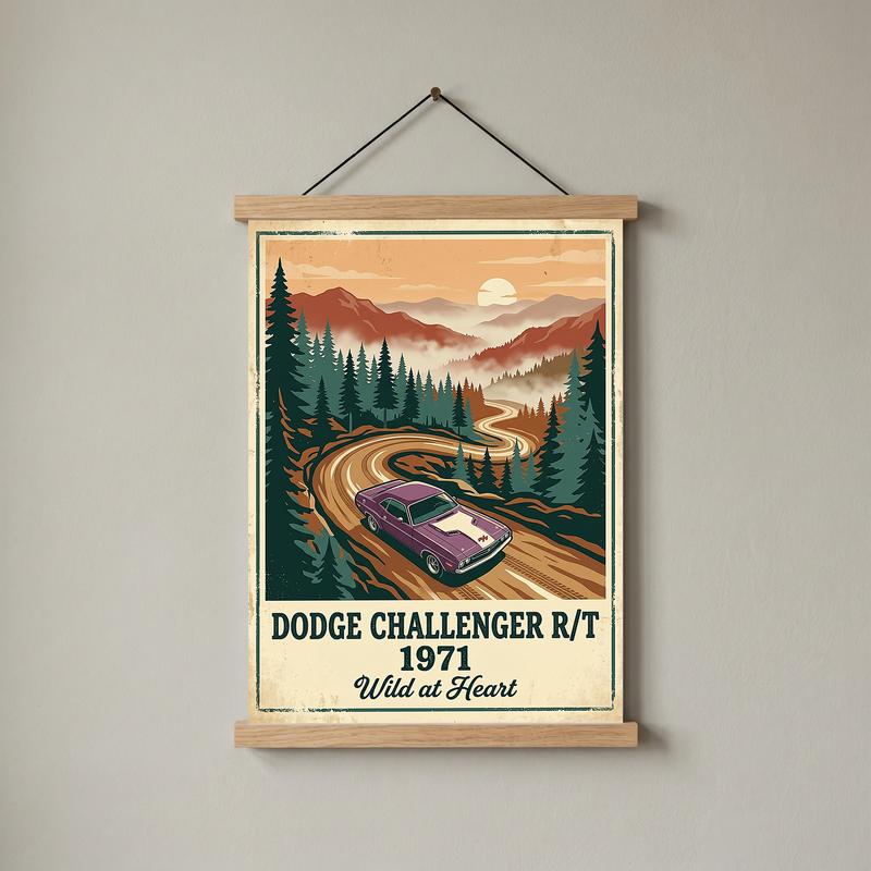 Dodge Challenger R/T 1971 V2 Poster — Vintage Muscle Misty Pine Mountain Print