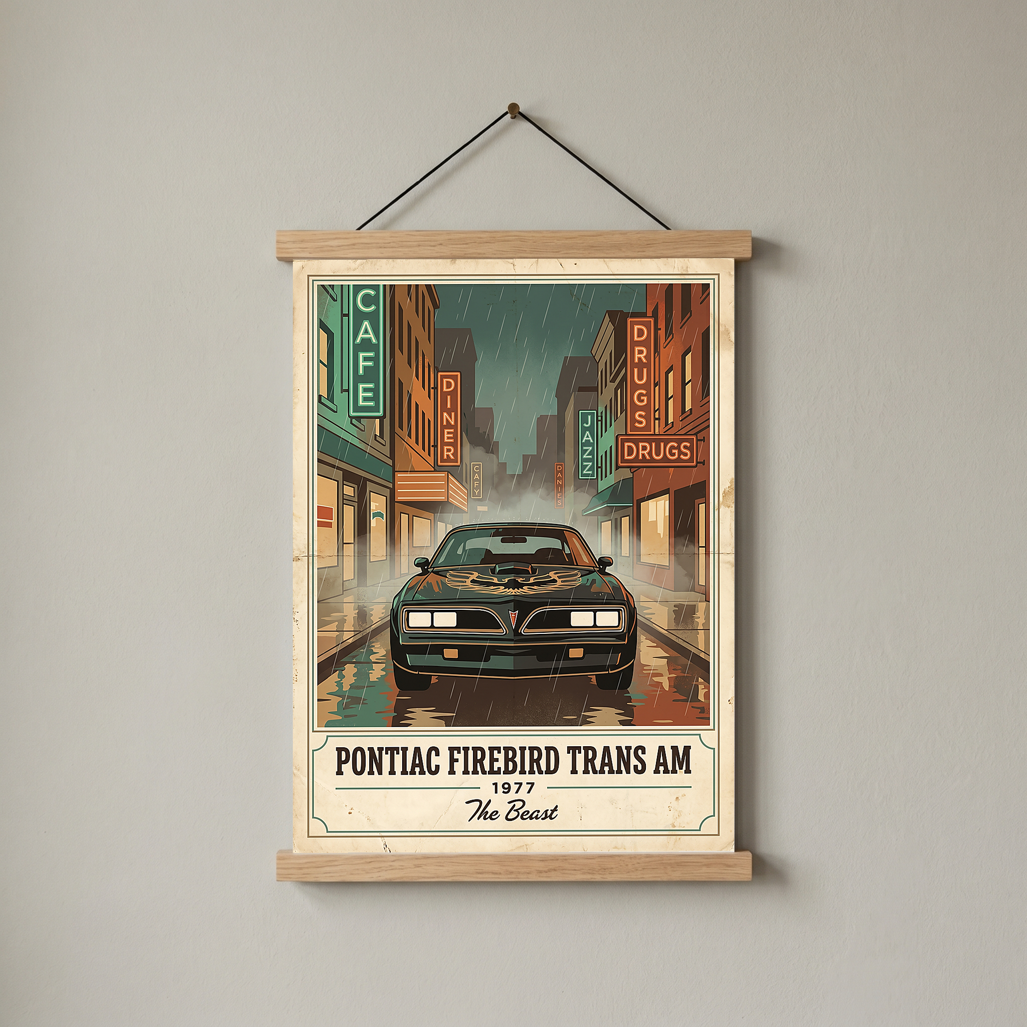 Pontiac Firebird Trans Am 1977 Poster — Vintage Muscle Bandit Rainy Noir Street Print