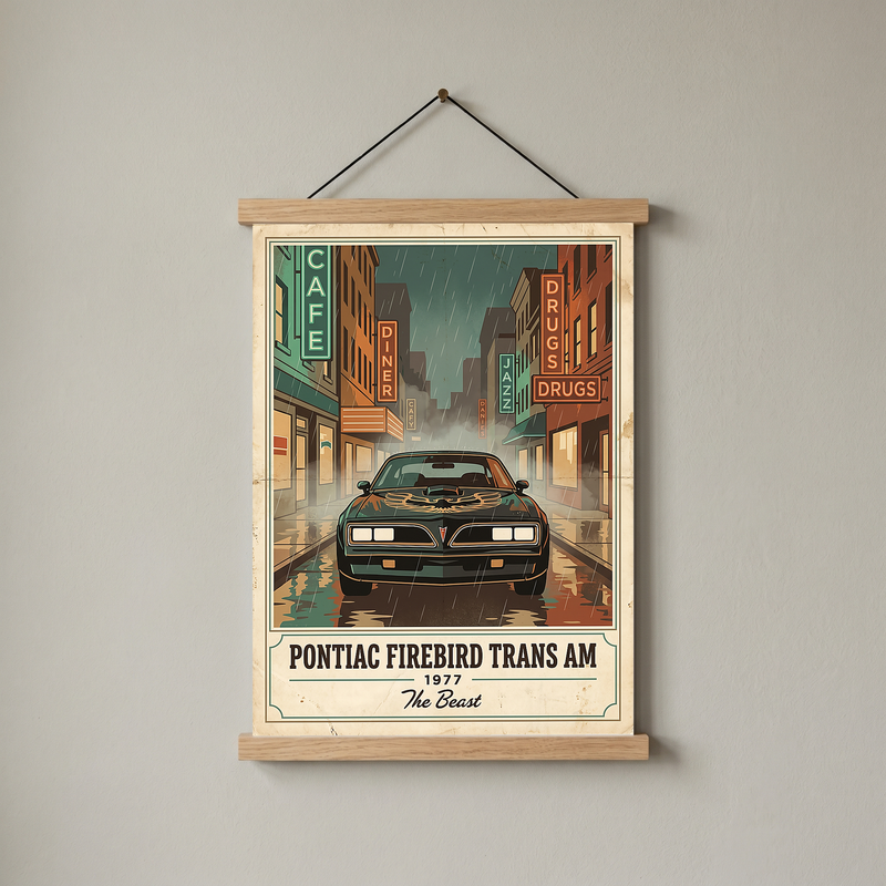 Pontiac Firebird Trans Am 1977 Poster — Vintage Muscle Bandit Rainy Noir Street Print