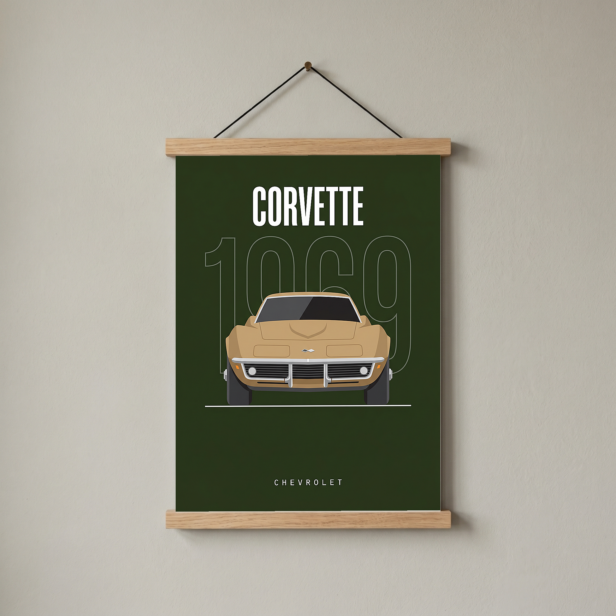 Chevrolet Corvette 1969 Minimalist Poster — Forest Green Muscle Car Line Art