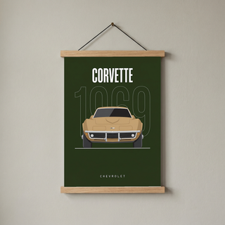 Chevrolet Corvette 1969 Minimalist Poster — Forest Green Muscle Car Line Art