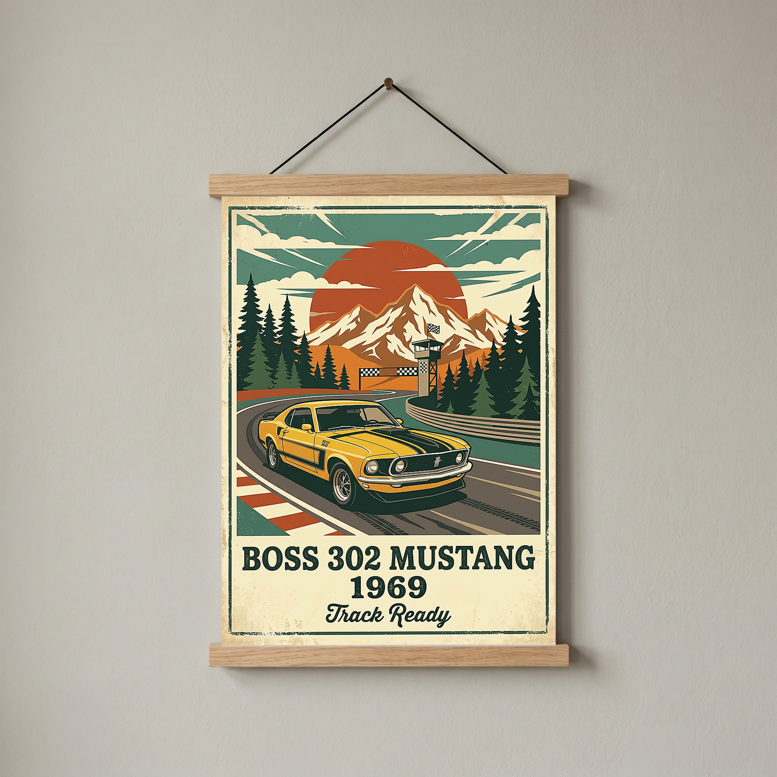 Boss 302 Mustang 1969 Poster — Vintage Muscle Car Race Track Print