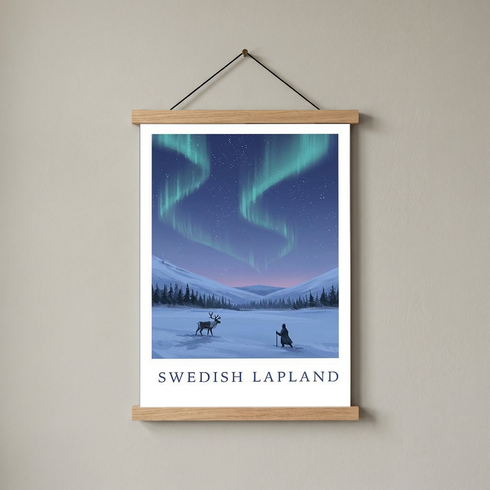 Swedish Lapland Travel Poster — Northern Lights Reindeer Sami Print