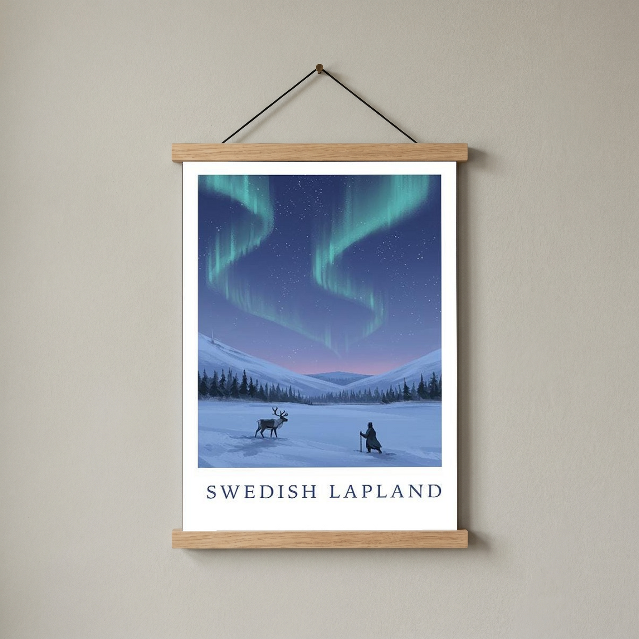 Swedish Lapland Travel Poster — Northern Lights Reindeer Sami Print