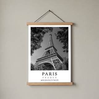 Paris Eiffel Tower Poster — Black and White France Coordinates Print