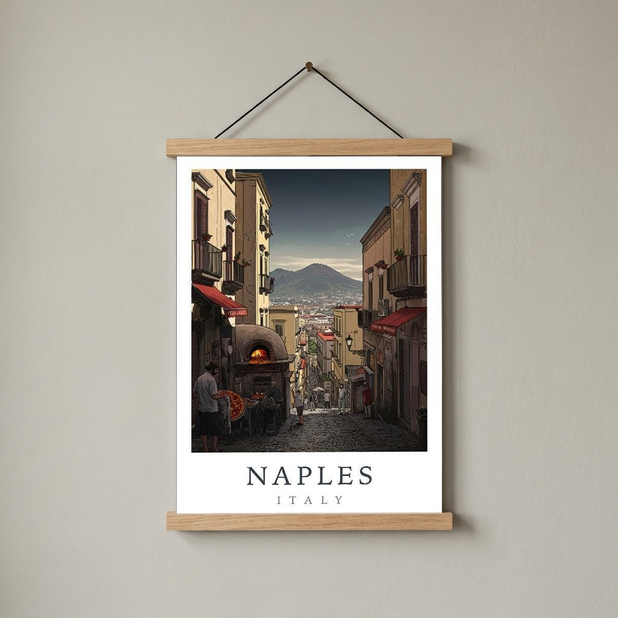 Naples Italy Travel Poster — Vesuvius Pizza Street Scene Print