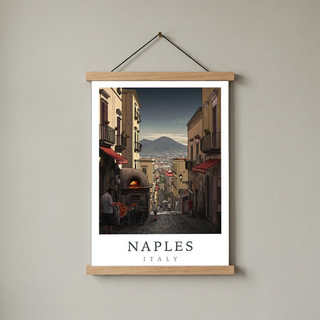 Naples Italy Travel Poster — Vesuvius Pizza Street Scene Print