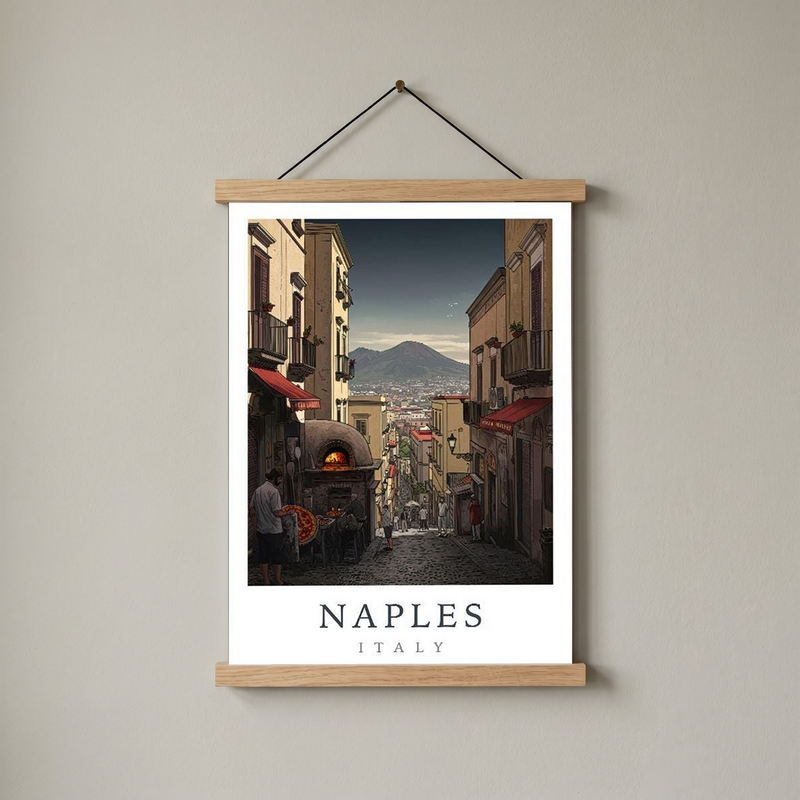 Naples Italy Travel Poster — Vesuvius Pizza Street Scene Print