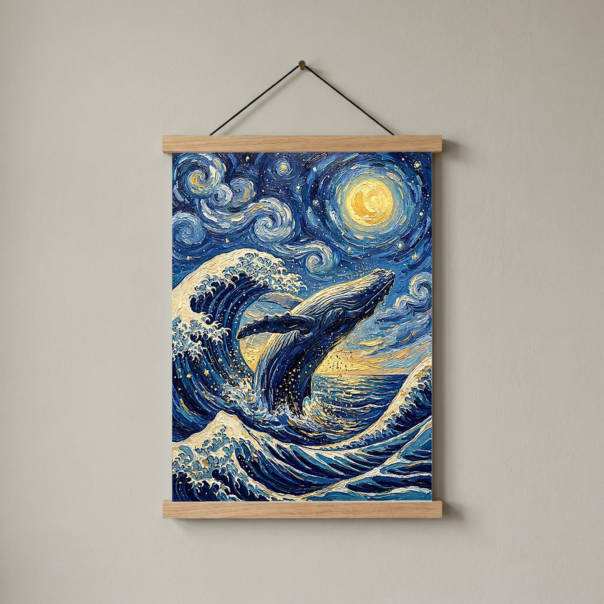 Breaching Whale Starry Night Print — Van Gogh-Style Ocean Humpback Wall Art