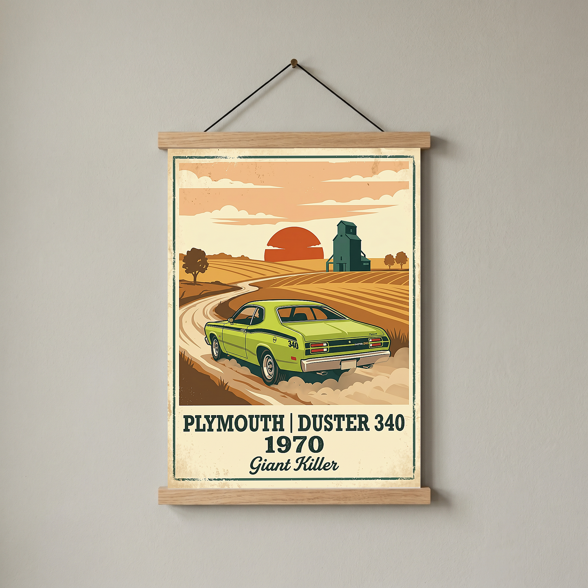 Plymouth Duster 340 1970 Poster — Vintage Muscle Car Country Wheat Print