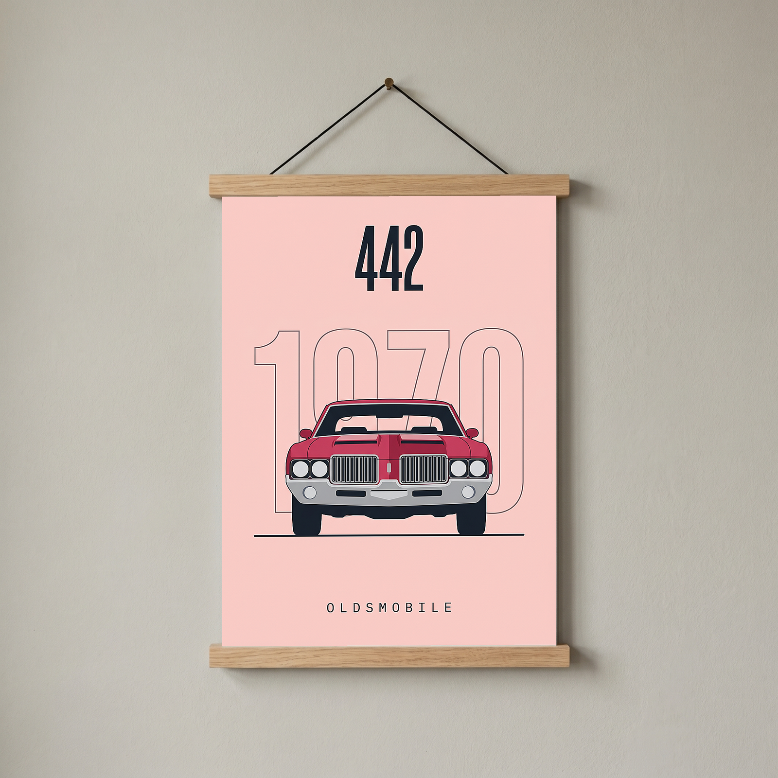Oldsmobile 442 1970 Minimalist Poster — Blush Pink Muscle Car Line Art