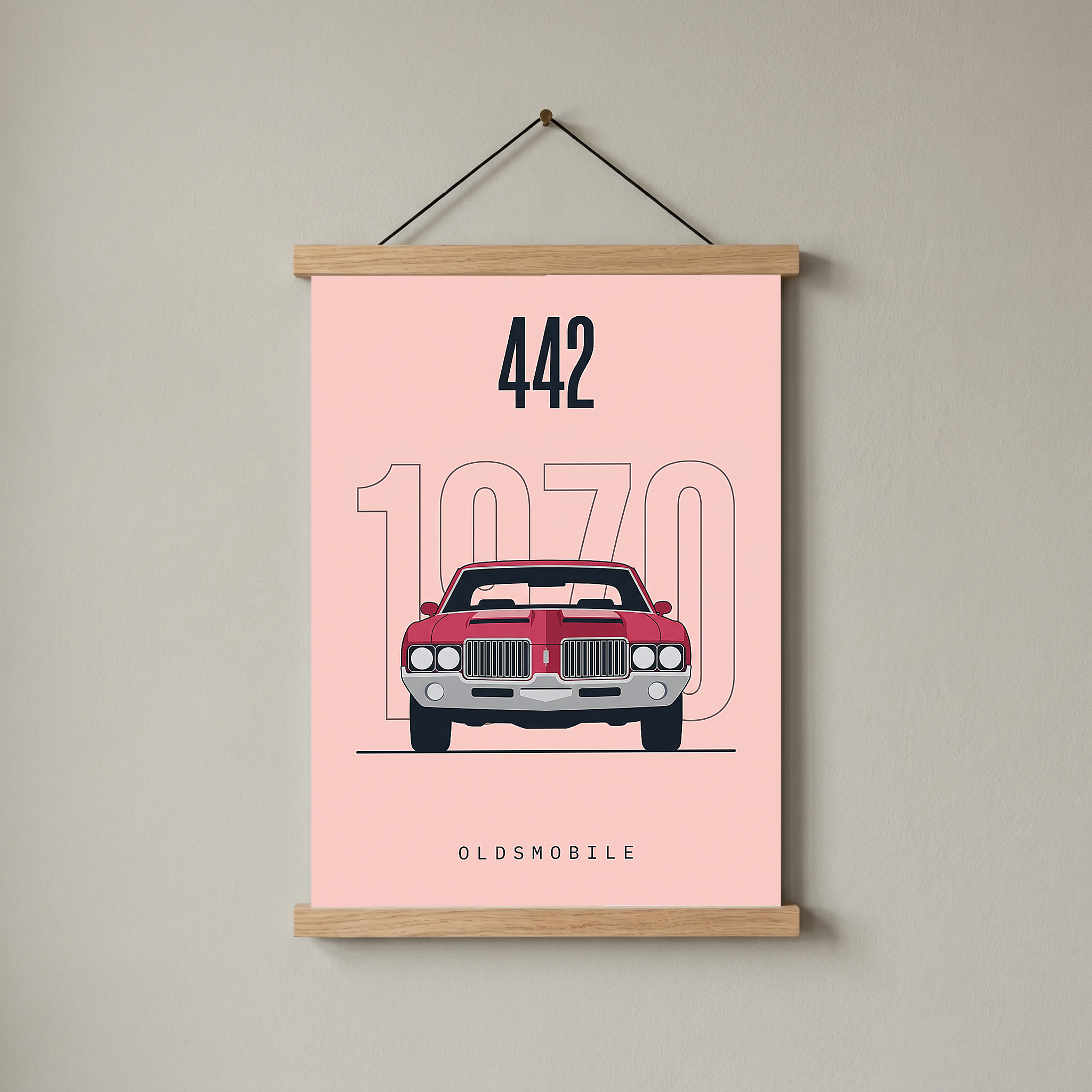 Oldsmobile 442 1970 Minimalist Poster — Blush Pink Muscle Car Line Art