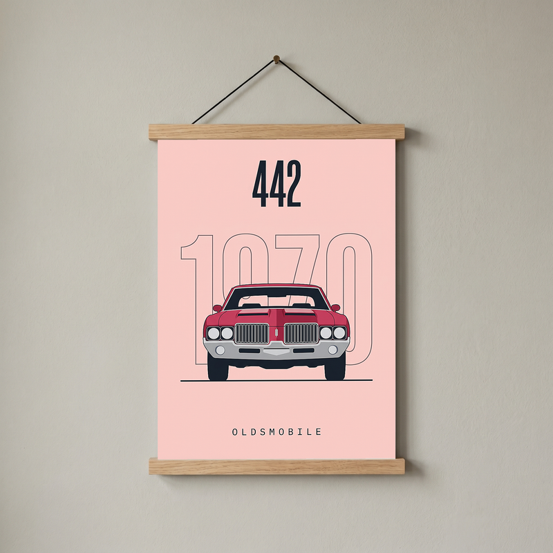 Oldsmobile 442 1970 Minimalist Poster — Blush Pink Muscle Car Line Art