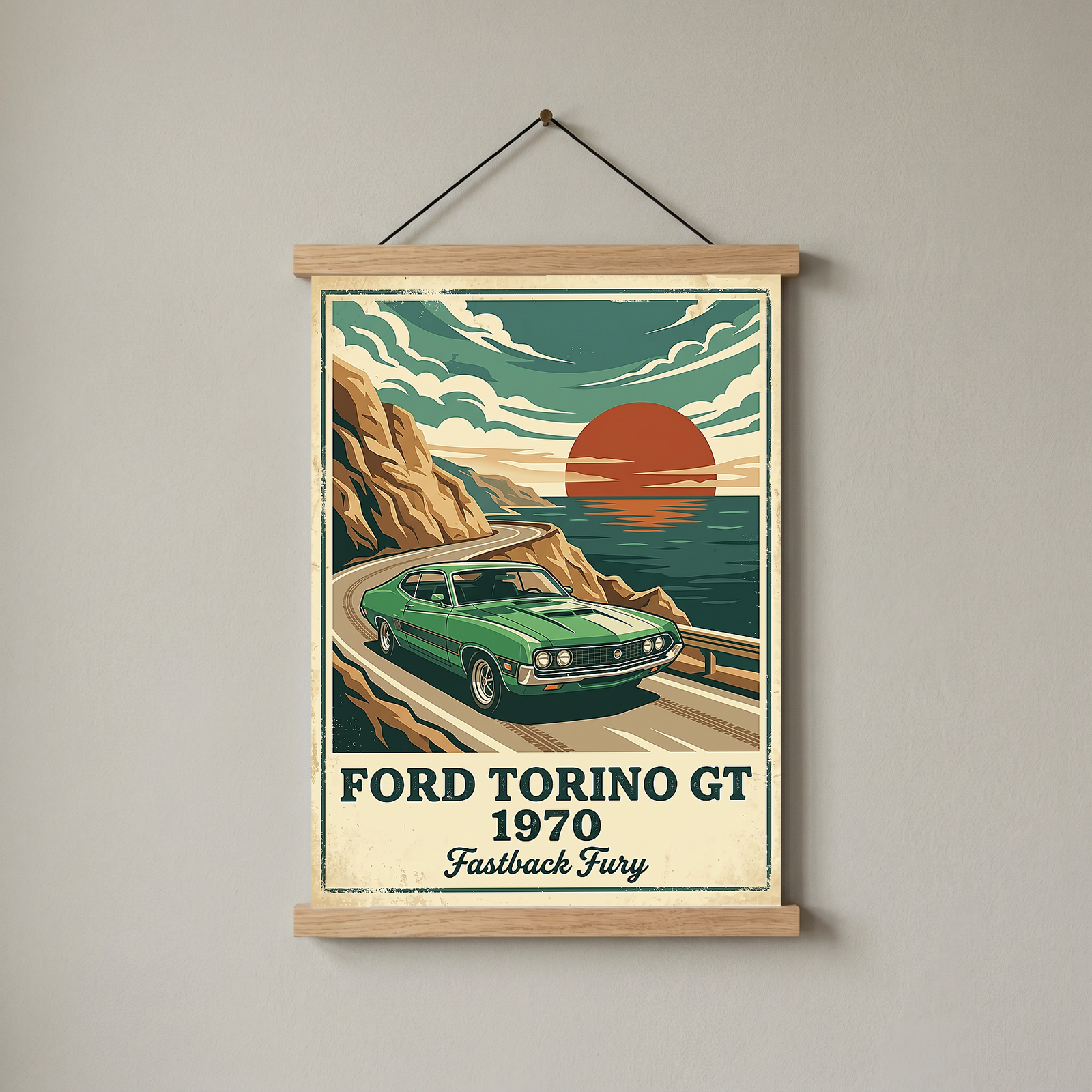 Ford Torino GT 1970 Poster — Vintage Muscle Car Coastal Cliff Sunset Print