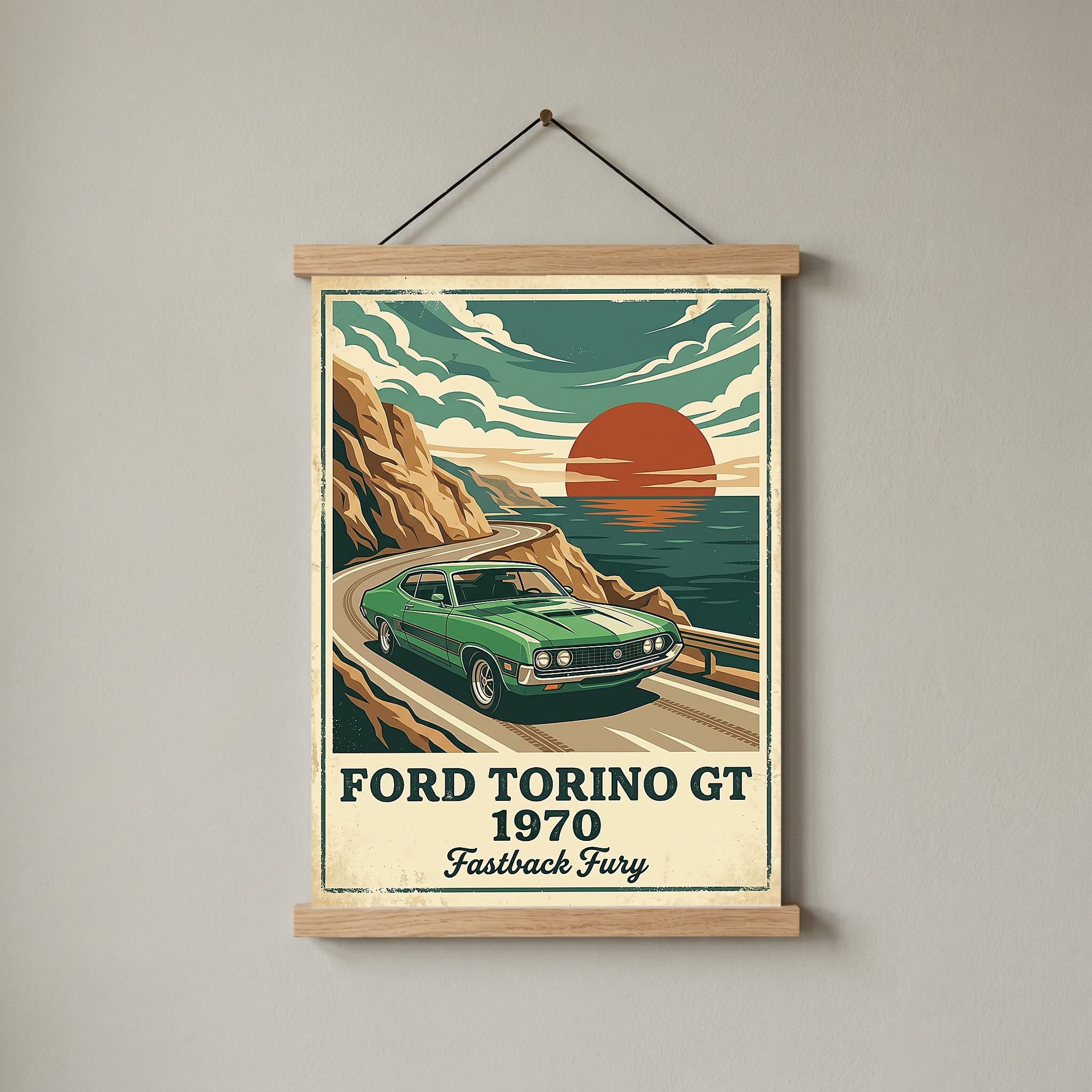 Ford Torino GT 1970 Poster — Vintage Muscle Car Coastal Cliff Sunset Print