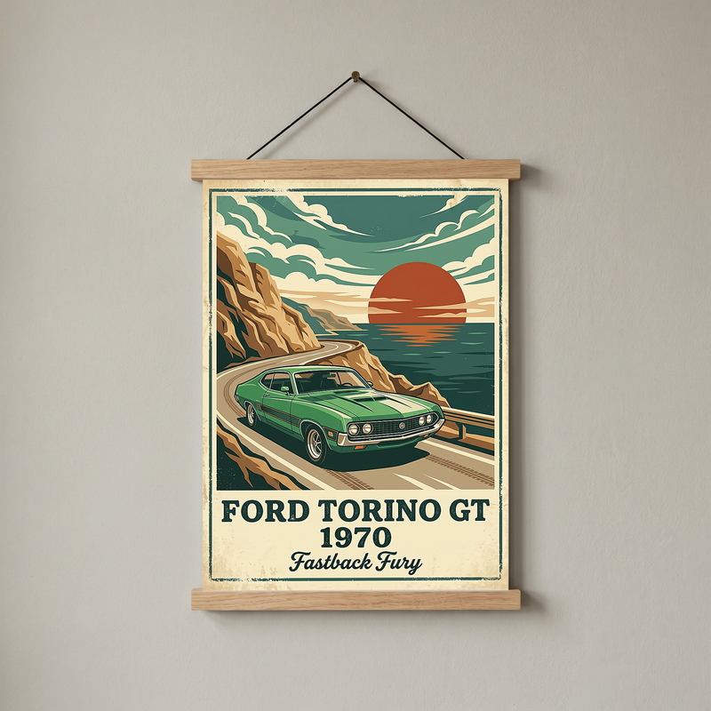 Ford Torino GT 1970 Poster — Vintage Muscle Car Coastal Cliff Sunset Print