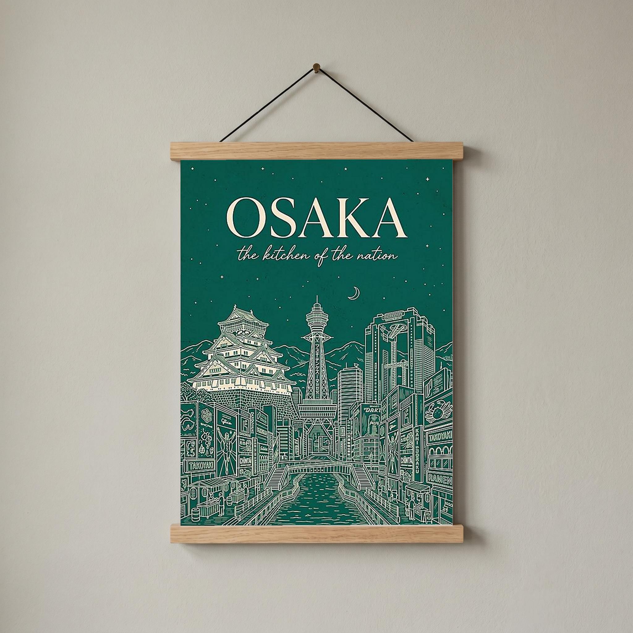 Osaka Line Art Print — Forest Green Osaka Castle Tsutenkaku Dotonbori Wall Art
