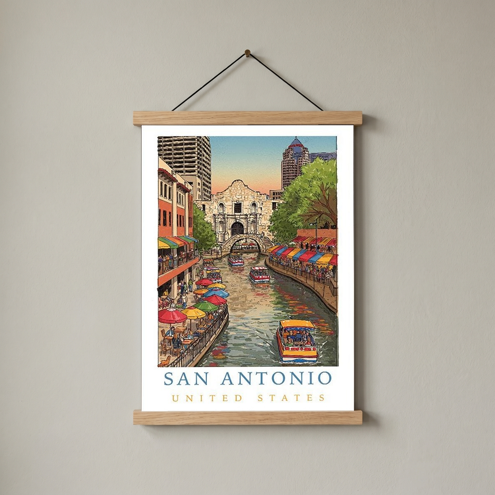 San Antonio Texas Travel Poster — Riverwalk Alamo Cityscape Print