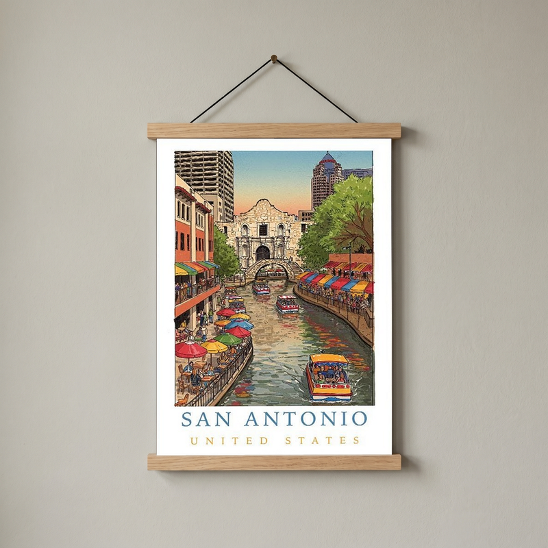 San Antonio Texas Travel Poster — Riverwalk Alamo Cityscape Print